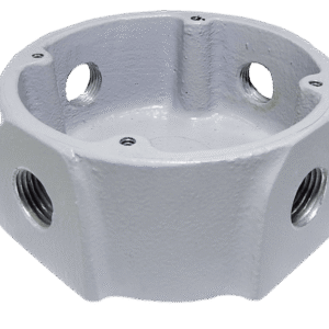 Caja octagonal de aluminio fundido tipo X, resistente a intemperie, NEMA 4, para áreas de alto desempeño. Marca Soldexel.