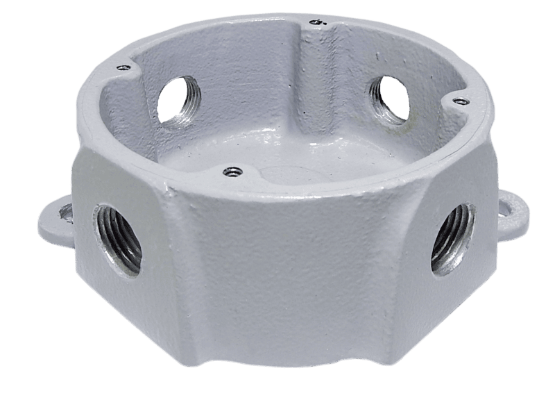 Caja octagonal de aluminio fundido tipo X, resistente a intemperie, NEMA 4, para áreas de alto desempeño. Marca Soldexel.